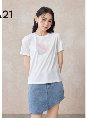 A21女装针织合体圆领短袖T恤夏季纯棉宽松爱心印花情侣装体恤上衣