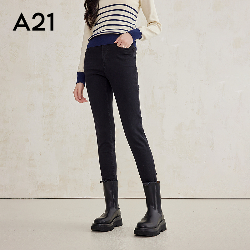 A21女装高弹高腰窄脚长牛仔裤
