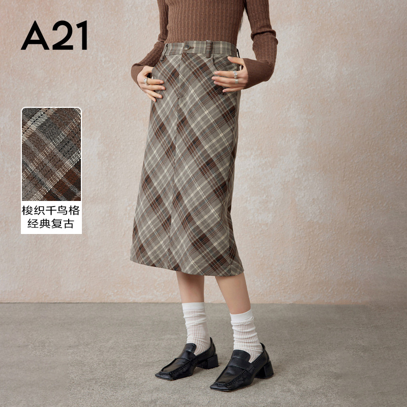 A21女装梭织起绒中腰A摆中长裙春夏季千鸟格时尚百搭设计感格子裙