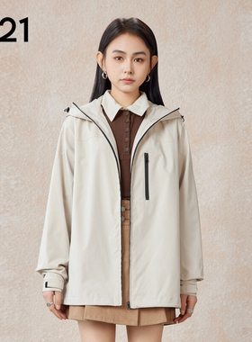 A21女装宽松连帽落肩开胸梭织外套春季防风防水冲锋衣工装外套女