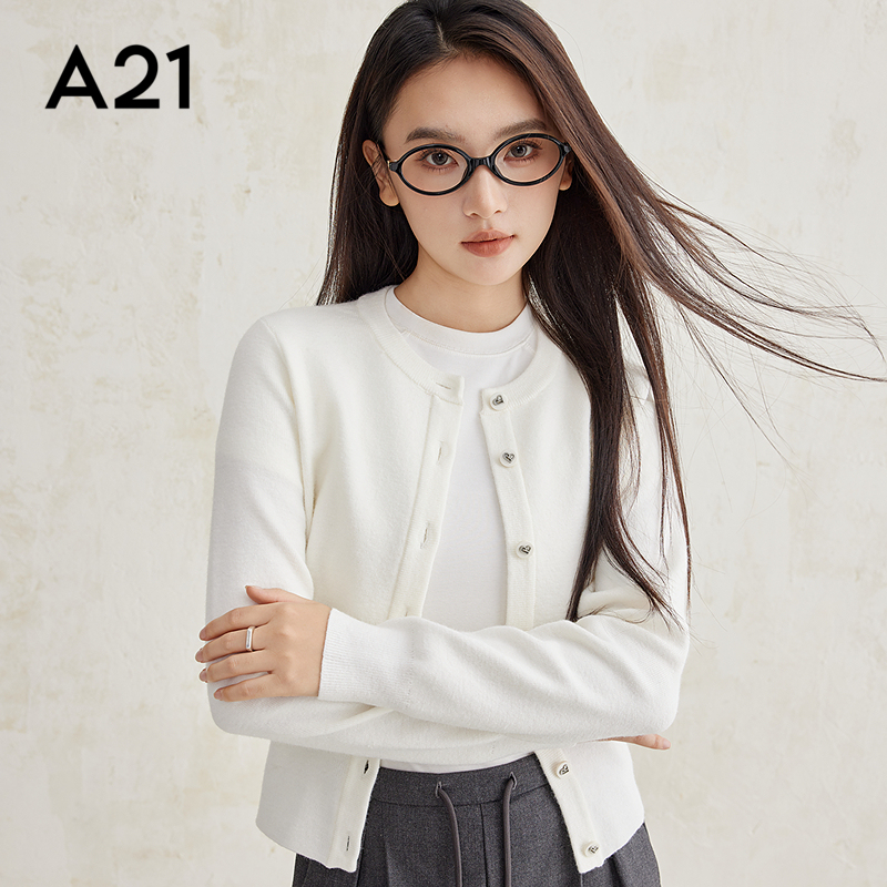 A21女装合体圆领平肩开襟毛衫