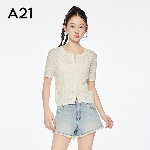 A21女装圆领薄款短袖毛针织衫