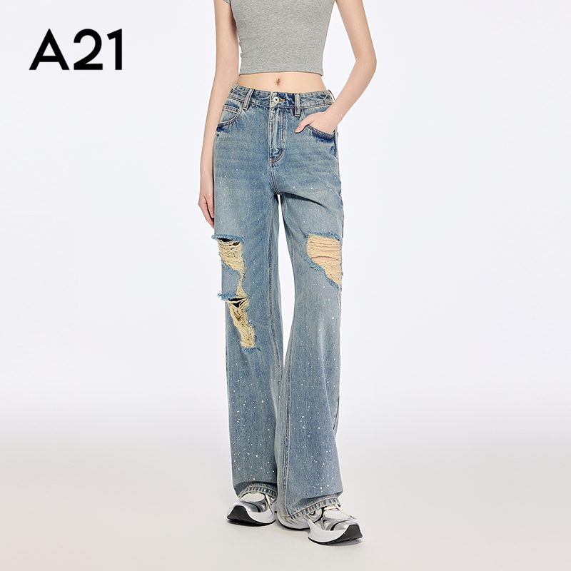 A21女装浅蓝水洗破洞薄款牛仔裤2025夏季新款简约长裤磨破阔腿裤