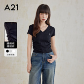 黑色v领上衣显瘦短袖 简约短款 夏季 A21女装 t恤衫 女款 基础打底衫
