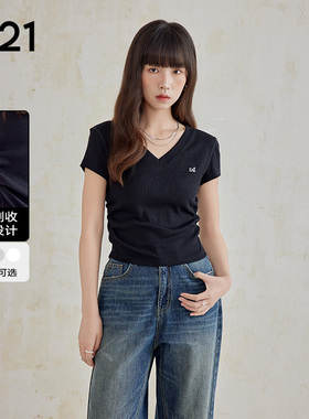 A21女装黑色v领上衣显瘦短袖夏季t恤衫女款简约短款基础打底衫