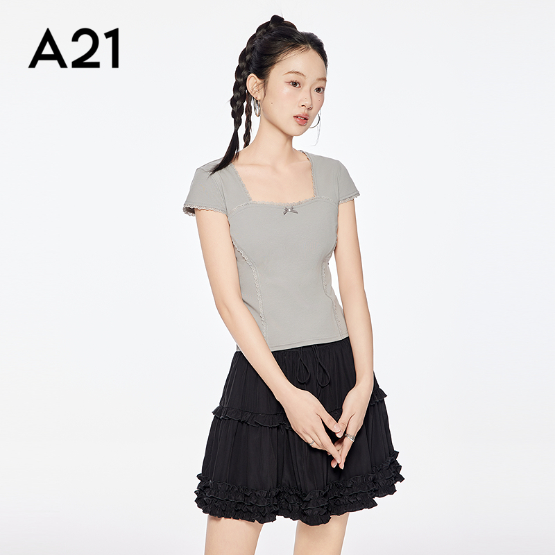 A21女装四色可选方领T恤2025夏季新款简约拼接蕾丝花边修身上衣