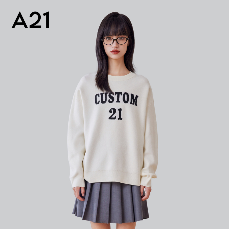 A21女装圆领针织衫春季休闲英文提花慵懒风百搭套头卫衣