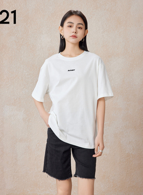 A21女装设计感印花针织宽松圆领落肩短袖t恤夏季后背破洞上衣女