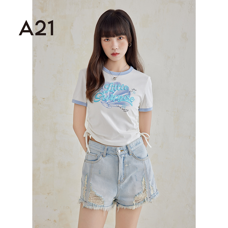 a21女装印花圆领短袖t恤设计感短款高级感上衣百搭显瘦打底衫女款
