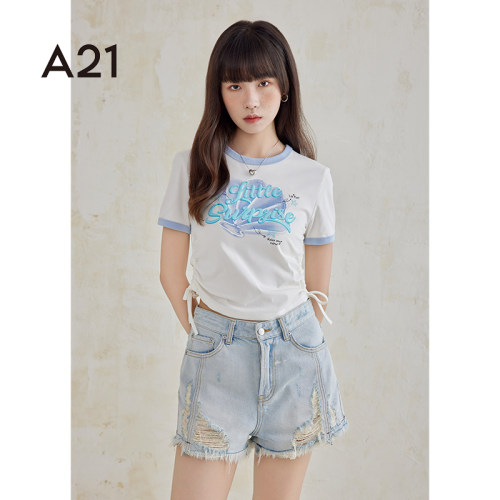 A21女装印花短袖简约修身显瘦