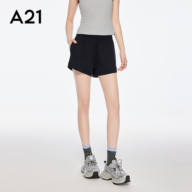 A21女装黑色宽松显瘦休闲裤2025夏季新款简约松紧腰系绳阔腿短裤