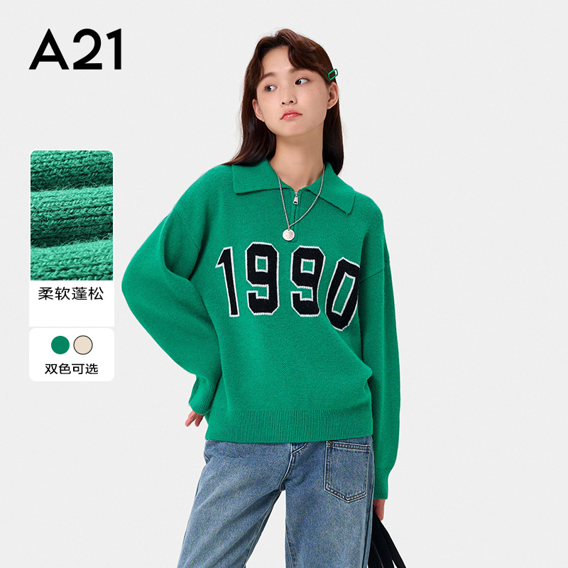 A21宽松翻领落肩长袖半开筒线衫