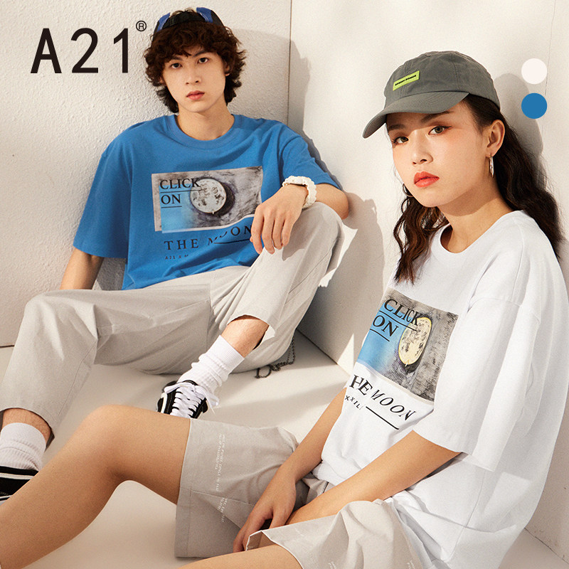 A21夏季2021新款男装 宽松圆领情侣短袖衫落肩T恤男士潮牌女上衣