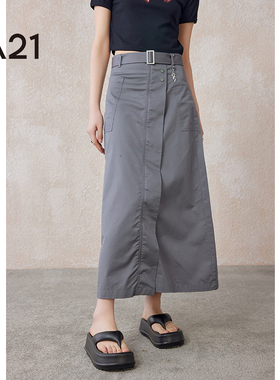 a21女装梭织a摆半身裙长裙夏季灰色工装半裙显瘦小众高级感裙子