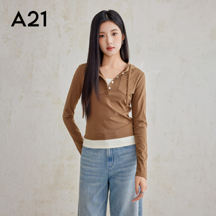 A21女装 针织合体连帽半开筒长袖 T恤假两件套头修身 上衣打底衫