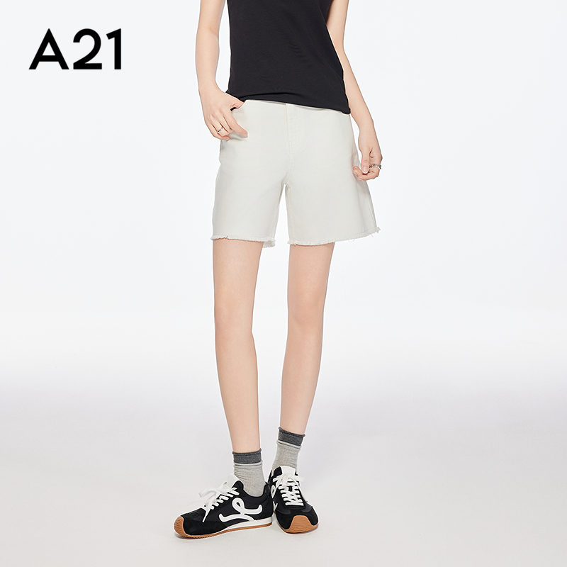 A21女装白色牛仔短裤简约水洗毛边五分裤夏季新款穿搭宽松直筒裤