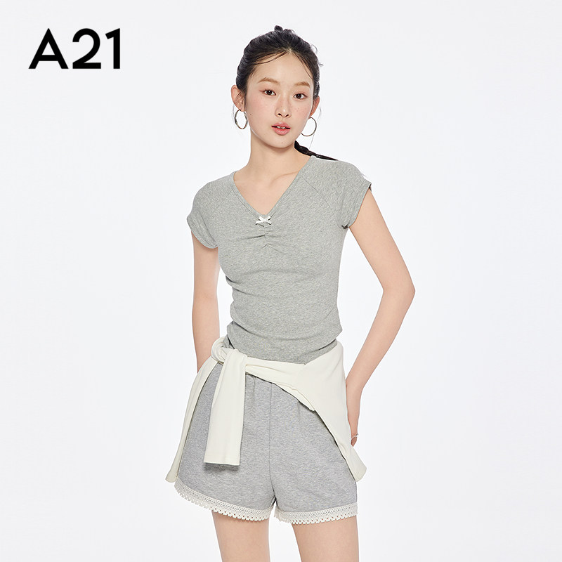 A21女装薄款V领蝴蝶结短款T恤夏季简约修身短袖套头微弹上衣