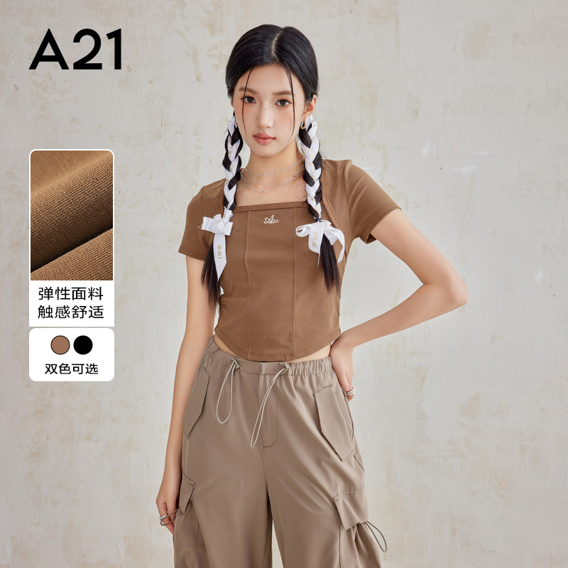 A21女装针织修身方领套头中袖T