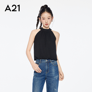 A21女装 简约休闲百搭宽松露肩上衣 黑色挂脖圆领无袖 t恤2025夏新款