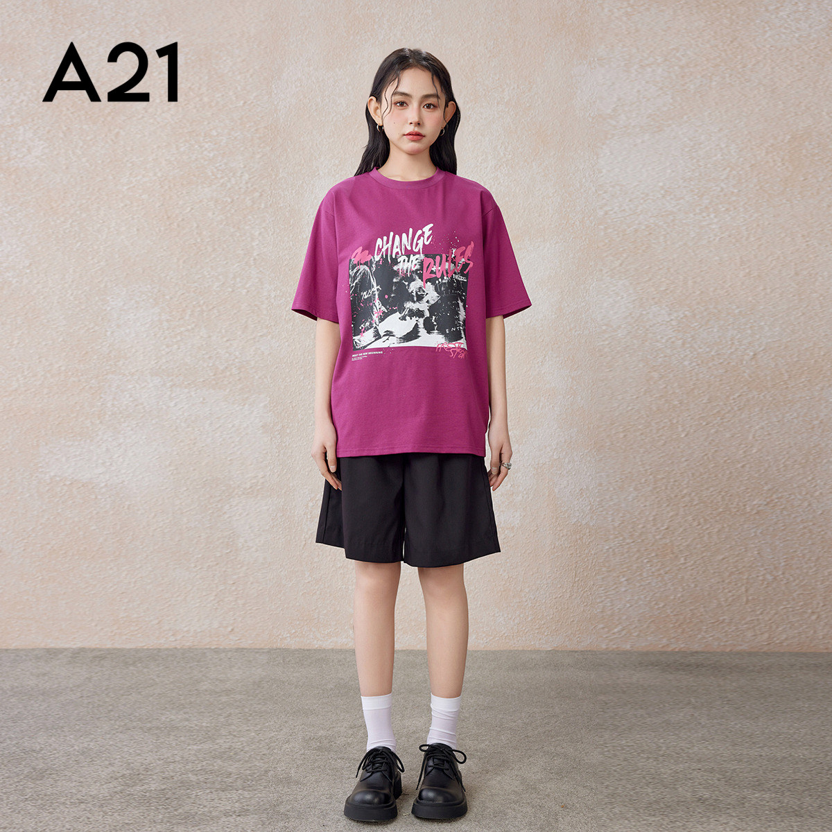 A21女装嘻哈风印花短袖T恤春夏针织宽松圆领设计感潮牌上衣