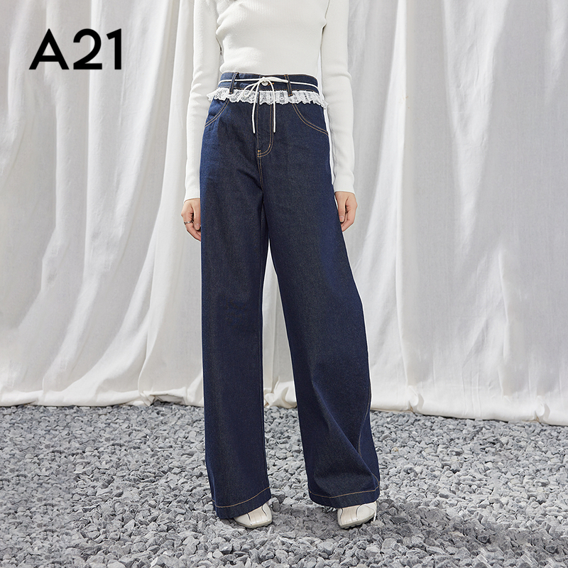 A21女装深蓝拼接蕾丝花边牛仔裤