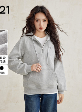 A21女装针织宽松翻领插肩半开筒中款绒底卫衣