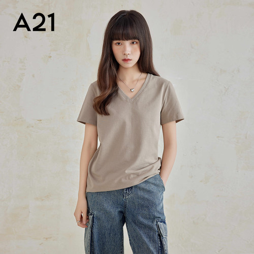 A21女装V领落肩针织短袖T恤