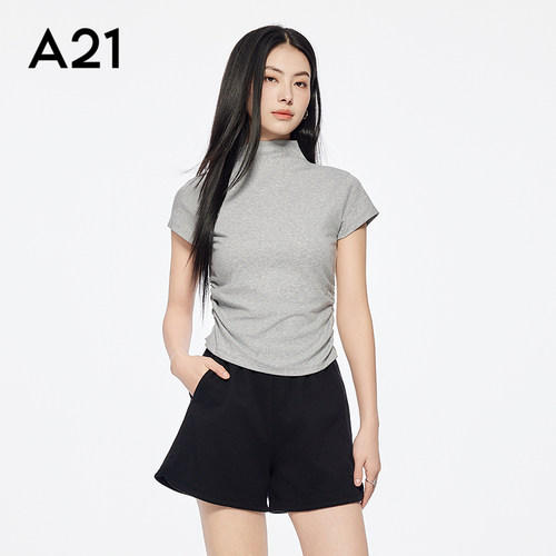A21女装修身显瘦半高领短袖T恤