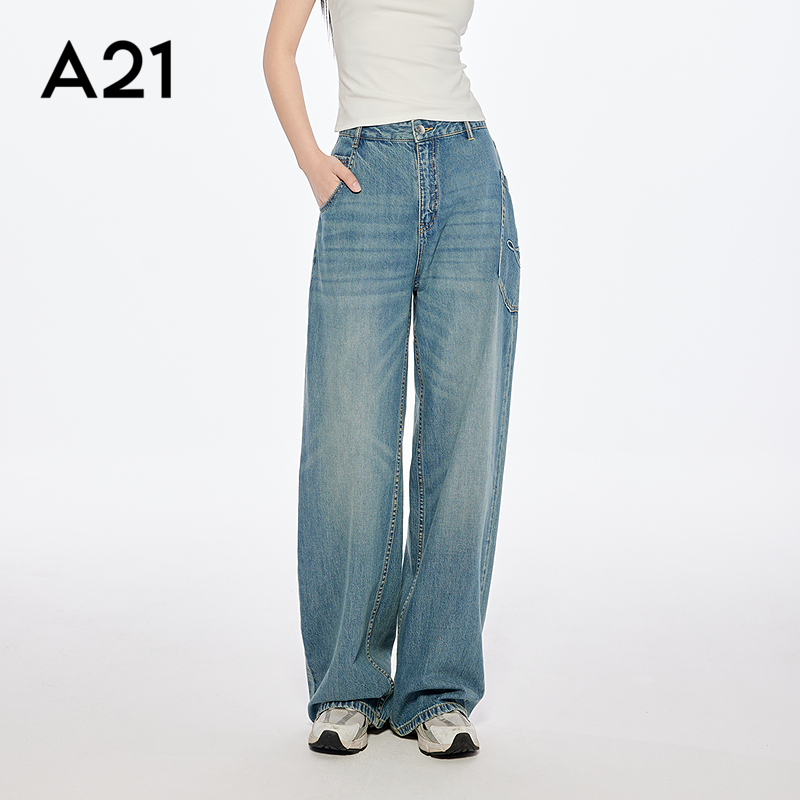 拉链水洗侧口袋长裤中蓝高腰春夏