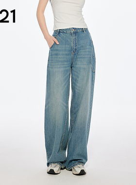 A21女装中蓝色高腰牛仔裤休闲直筒裤侧口袋长裤复古宽松