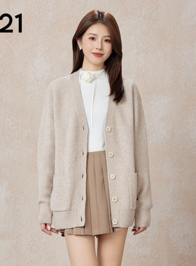 A21女装宽松V领落肩开胸毛织外套休闲百搭小众开衫慵懒风