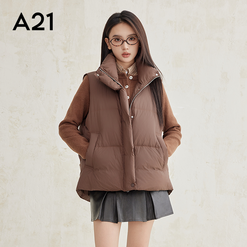 A21女装梭织宽松连帽厚羽绒背心