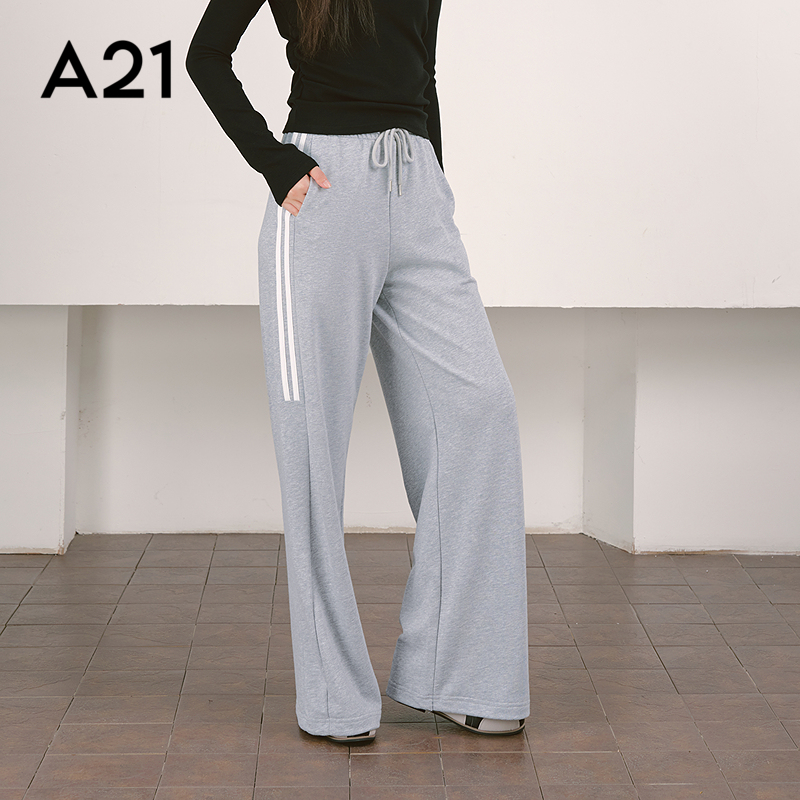 A21女装竖条纹宽松针织休闲裤松紧腰系绳阔腿长裤子运动风卫裤