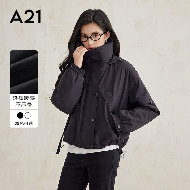 A21女装梭织宽松连帽短棉服