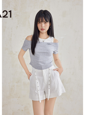 A21假两件短袖T恤夏季吊带马甲撞色设计感短款上衣女