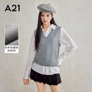 新款 针织马甲叠穿背心秋季 内搭 合体V领落肩套头线衫 A21女装