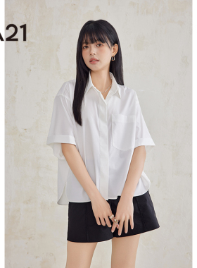 a21女装新款宽松翻领落肩短袖衬衫夏季女款上衣工装衬衣