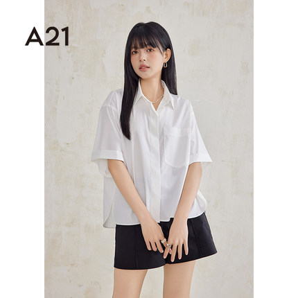a21女装新款宽松翻领落肩短袖衬衫夏季女款上衣工装衬衣