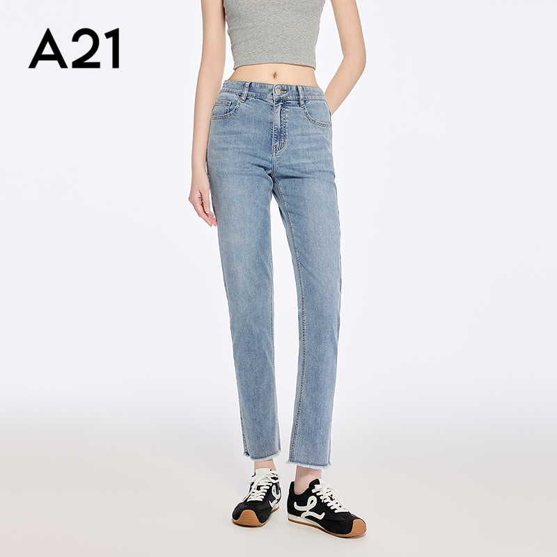 A21天蓝微弹毛边薄款九分牛仔裤