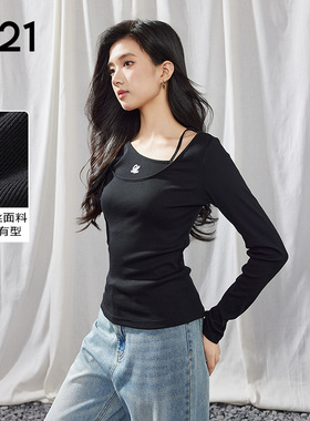 A21女装黑色休闲假两件长袖T恤春夏韩版圆领修身显瘦打底上衣