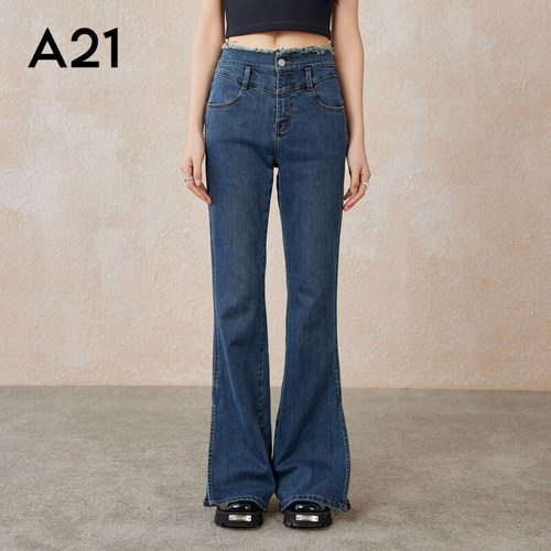 A21女装合体弹力高腰喇叭牛仔裤