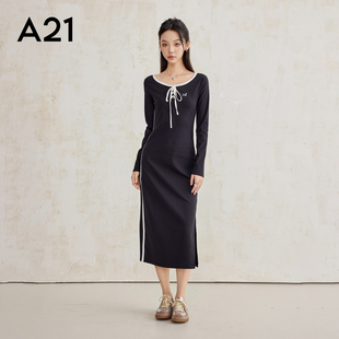 中长裙子 A21女装 平肩长袖 撞色开叉针织连衣裙2025新款 收腰时尚