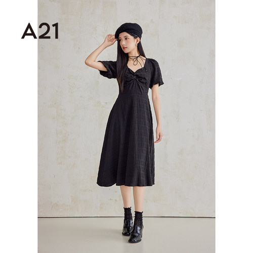 A21女装V领泡泡短袖连衣裙