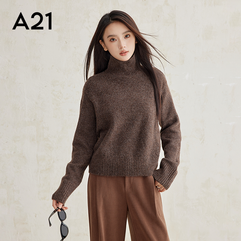 A21女装宽松高领落肩套头毛衫