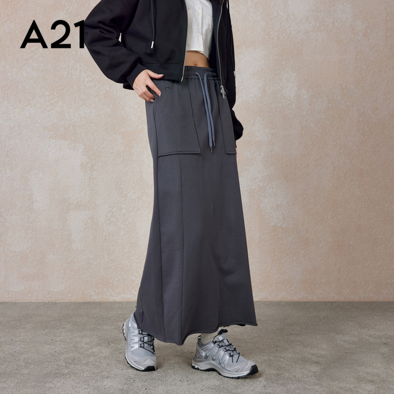 A21女装针织橡筋腰直筒中长裙
