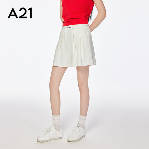 A21女装松紧腰系绳直筒休闲裤