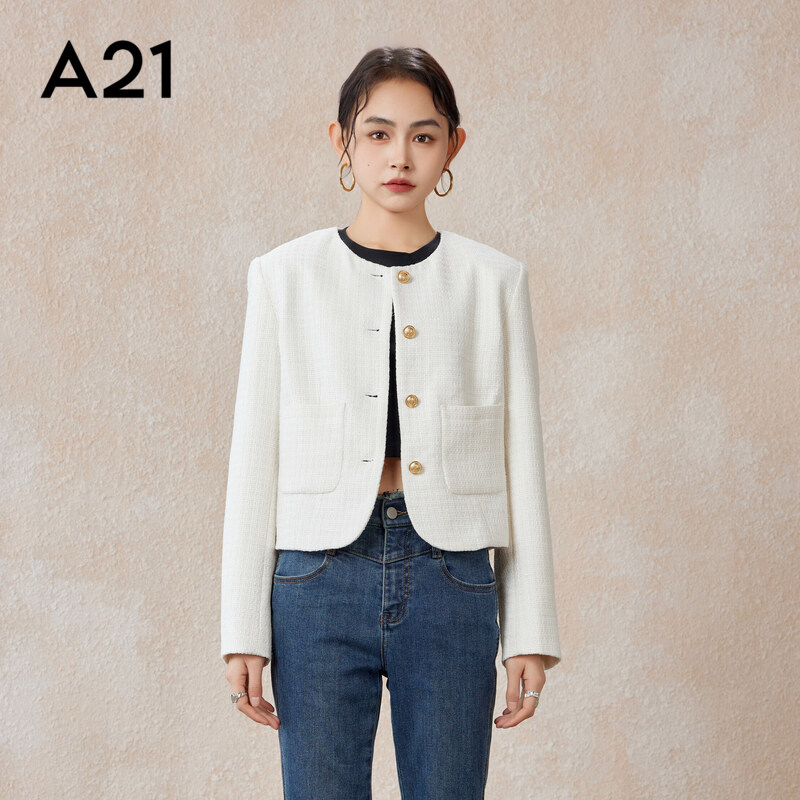 A21女装圆领梭织外套春季小香风时尚百搭短款高级感上衣,女装/女士精品,短外套,淘宝优惠券,粉丝福利购,淘宝优惠卷
