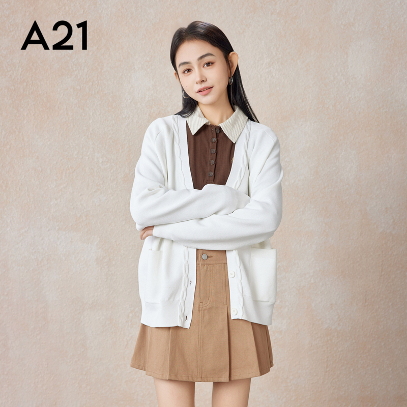 A21女装宽松V领落肩毛织JK外套百搭慵懒风开衫毛衣长袖外套女生