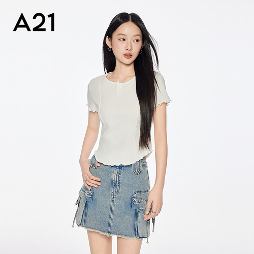 A21女装三色可选修身显瘦T恤夏季新款简约微弹木耳边短袖上衣