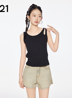 A21女装黑色薄款工字背心简约圆领修身显瘦短款上衣休闲